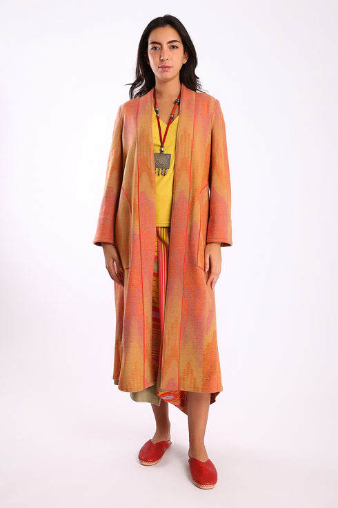 Reversible long coat in cotton blend patterned jacquard